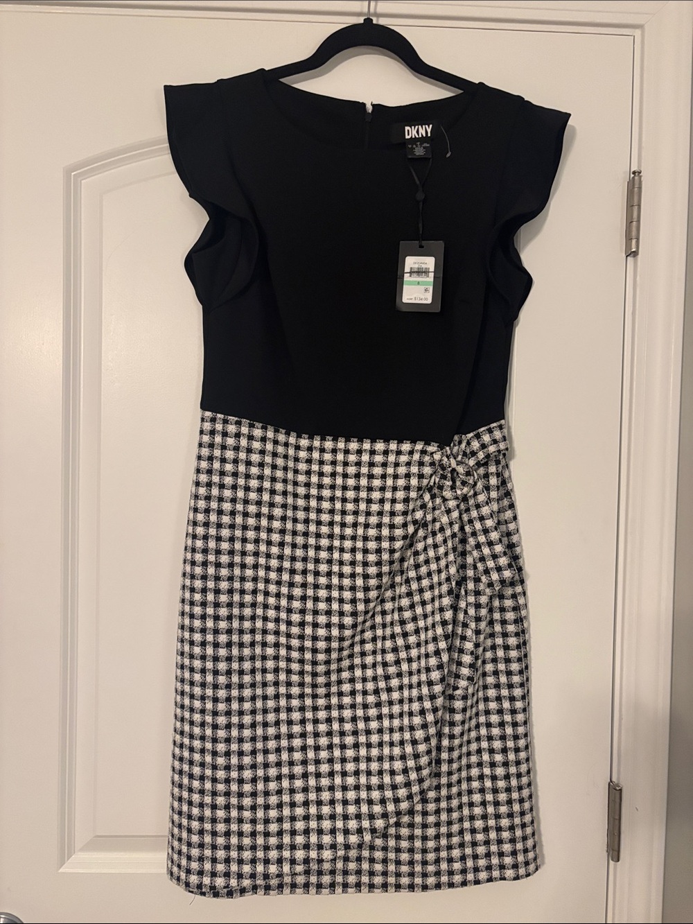 DKNY Black Bodice with Black & White Houndstooth Skirt Dress